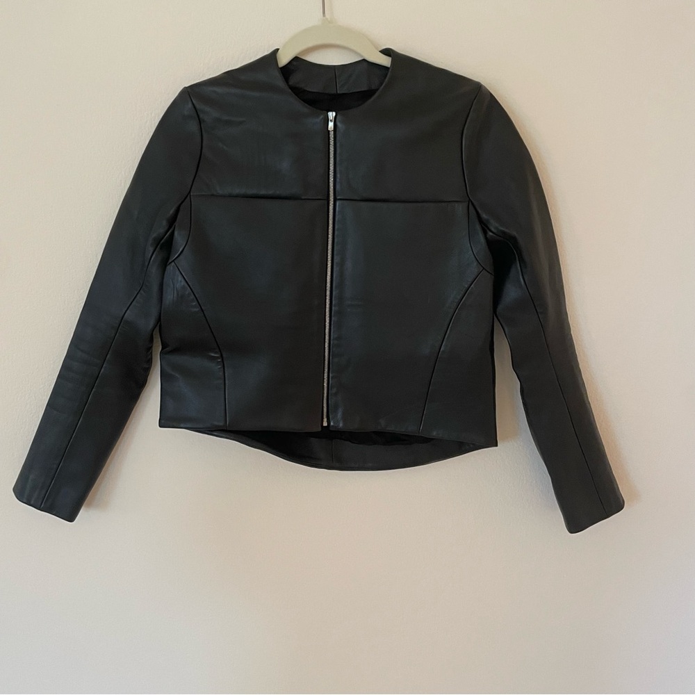 Black Cropped Lambskin Leather zipper Jacket A’bout